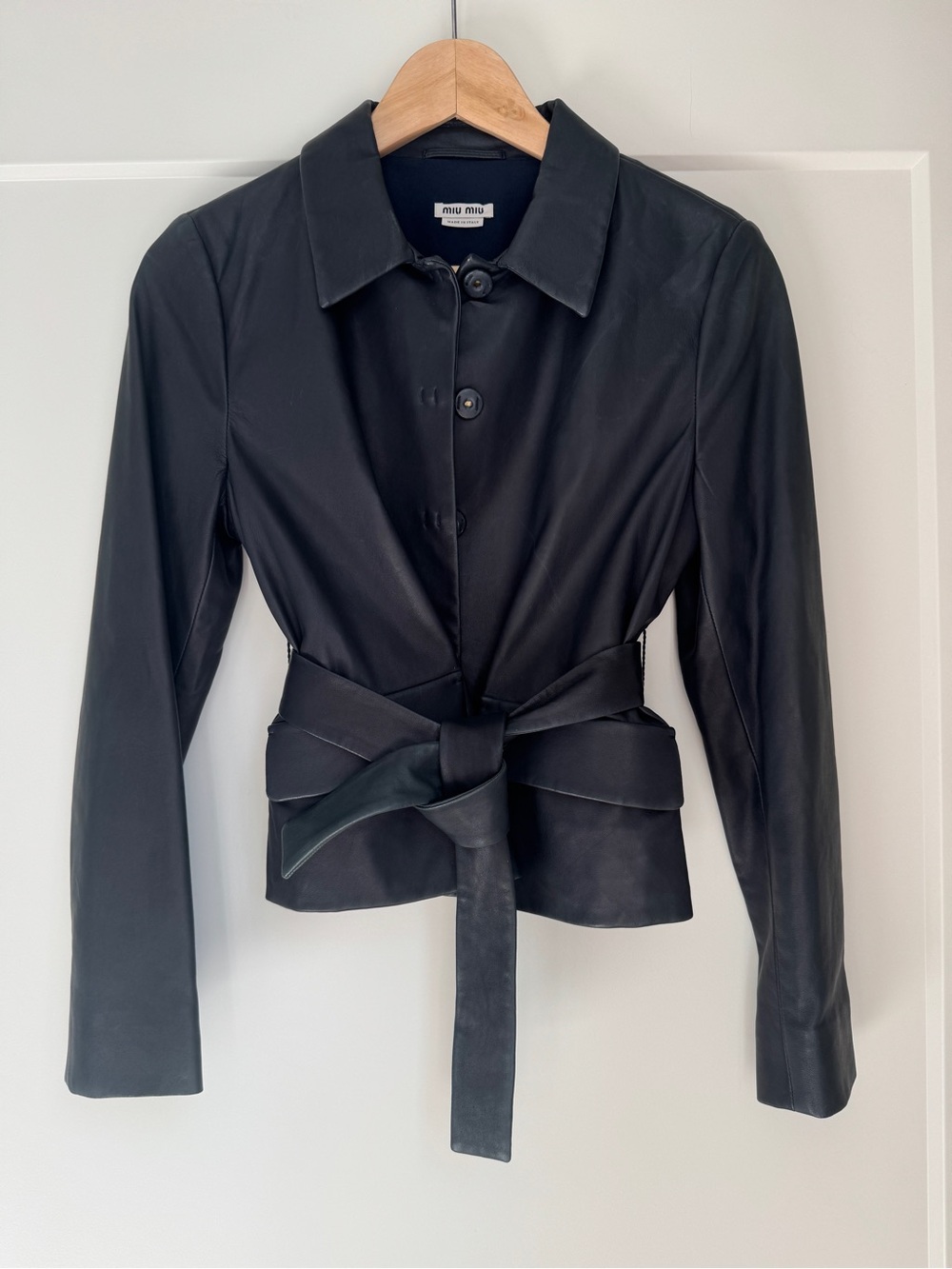 Miu Miu Blue Leather Belted Jacket